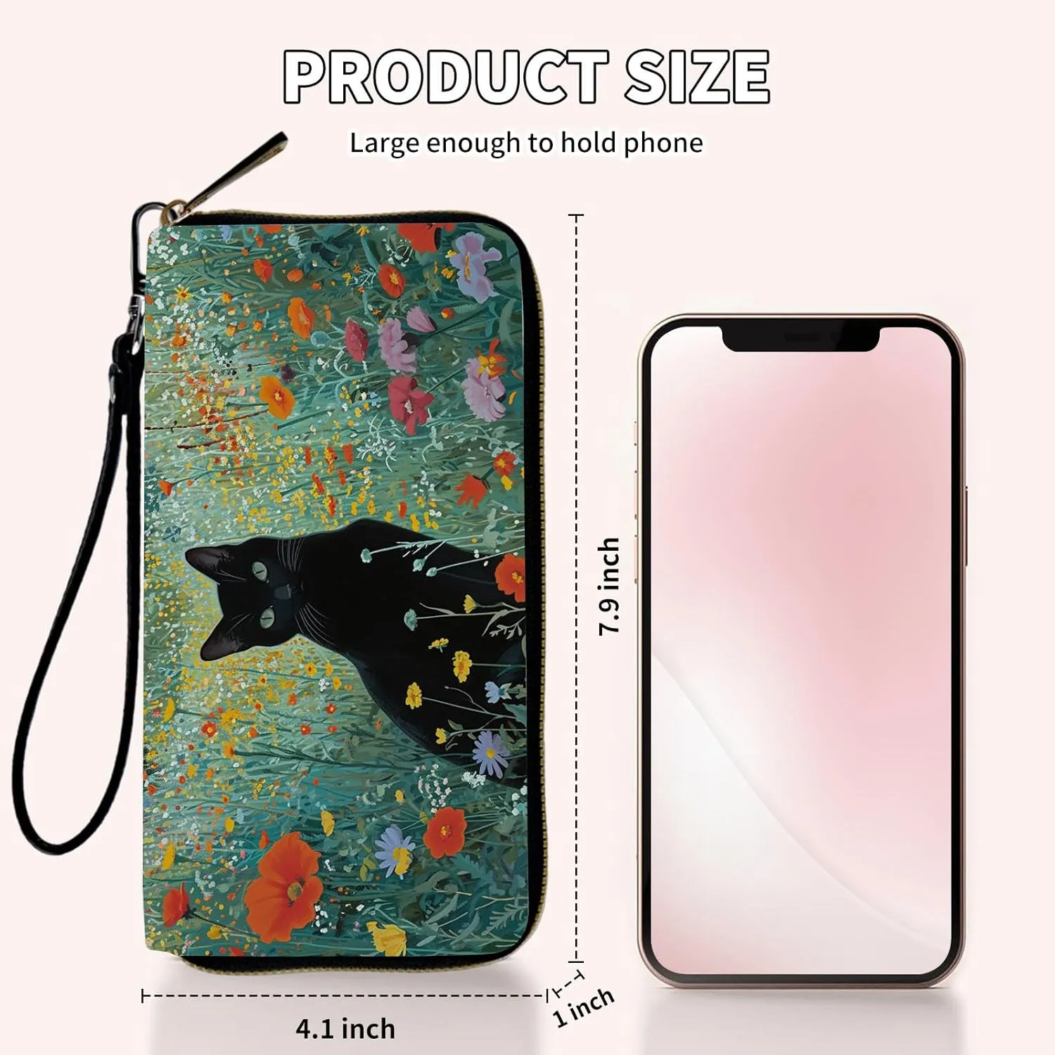 Ladies Wallet,Clutch Purses for Women Wallets Leather Credit Card Holder for Women Wristlet Slim Small Cute with Zipper,Thin RFID Blocking with Wrist Strap,Black Cat Floral