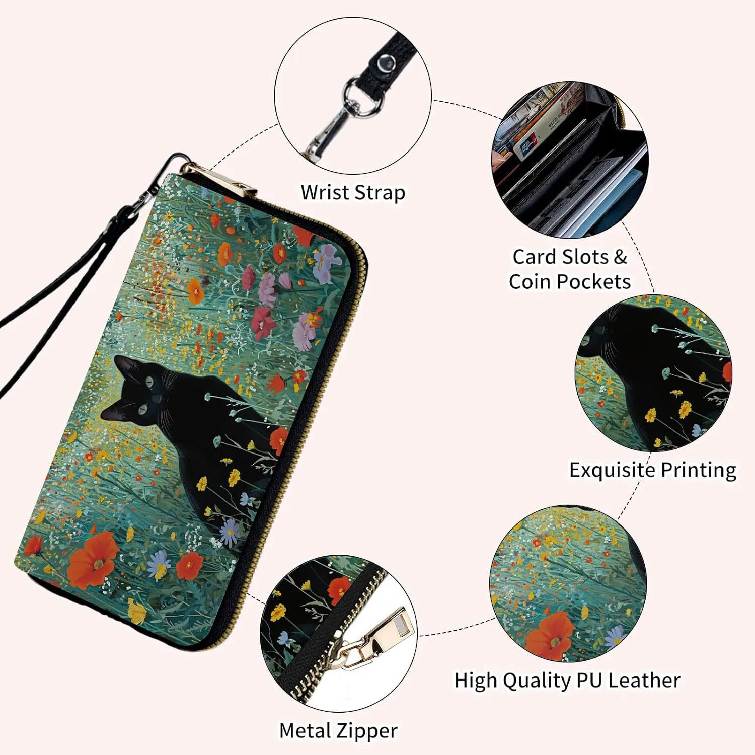 Ladies Wallet,Clutch Purses for Women Wallets Leather Credit Card Holder for Women Wristlet Slim Small Cute with Zipper,Thin RFID Blocking with Wrist Strap,Black Cat Floral