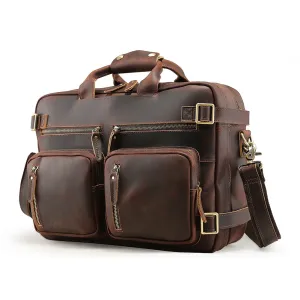 Large Capacity Crazy Horse Leather Messenger Laptop Backpack for Men Multi-Functional Travel Briefcase