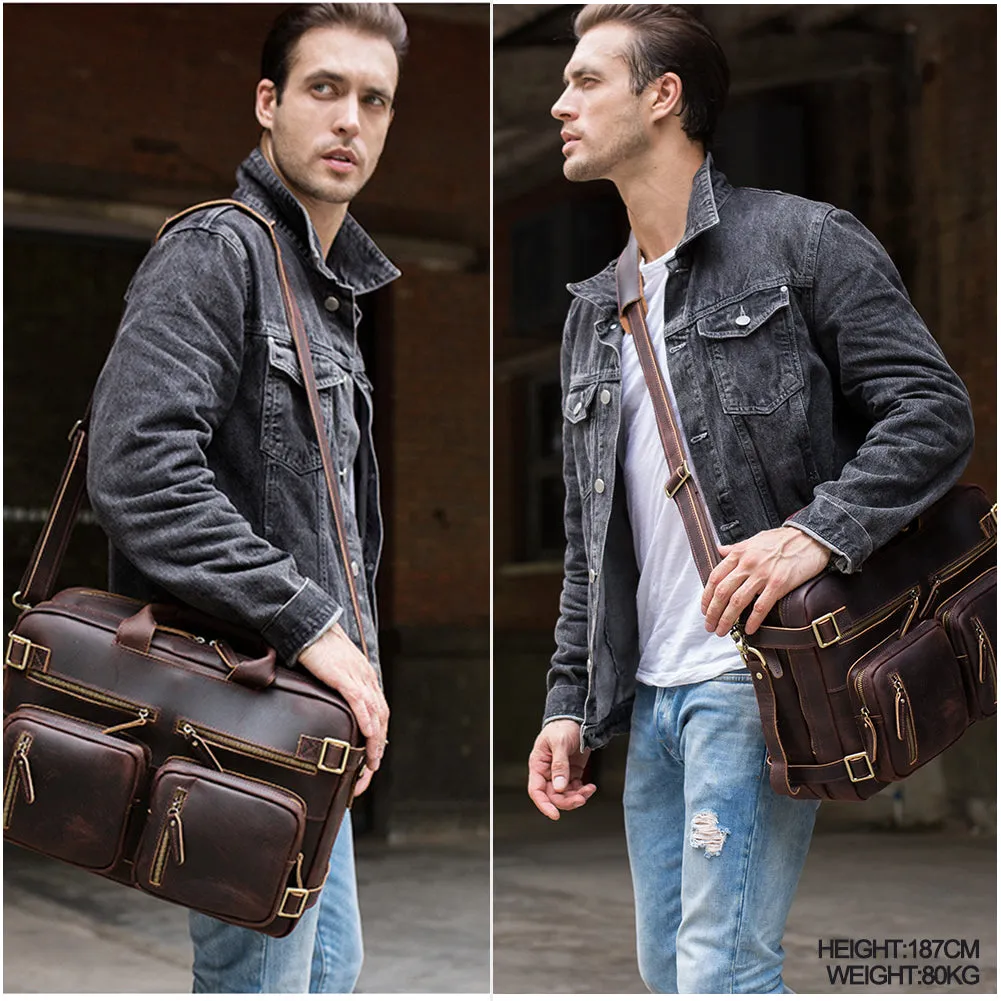 Large Capacity Crazy Horse Leather Messenger Laptop Backpack for Men Multi-Functional Travel Briefcase