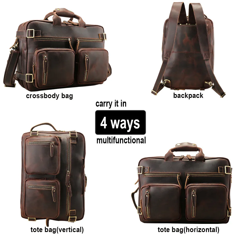 Large Capacity Crazy Horse Leather Messenger Laptop Backpack for Men Multi-Functional Travel Briefcase