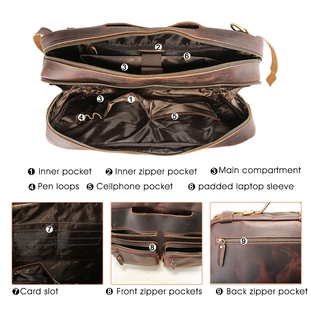 Large Capacity Crazy Horse Leather Messenger Laptop Backpack for Men Multi-Functional Travel Briefcase