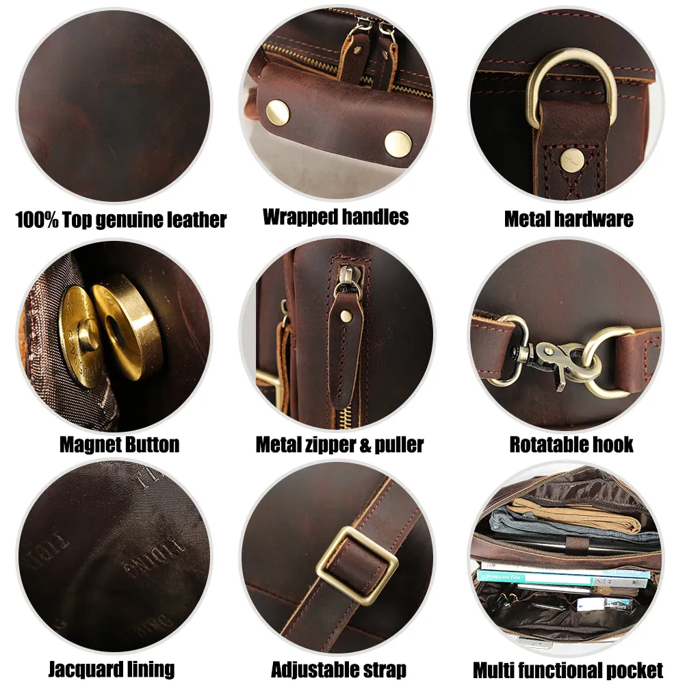 Large Capacity Crazy Horse Leather Messenger Laptop Backpack for Men Multi-Functional Travel Briefcase