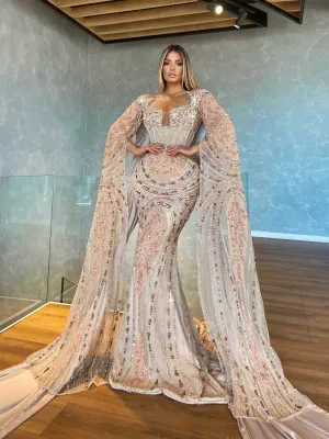 Light Pink Embroidered Dress with Cape Sleeves