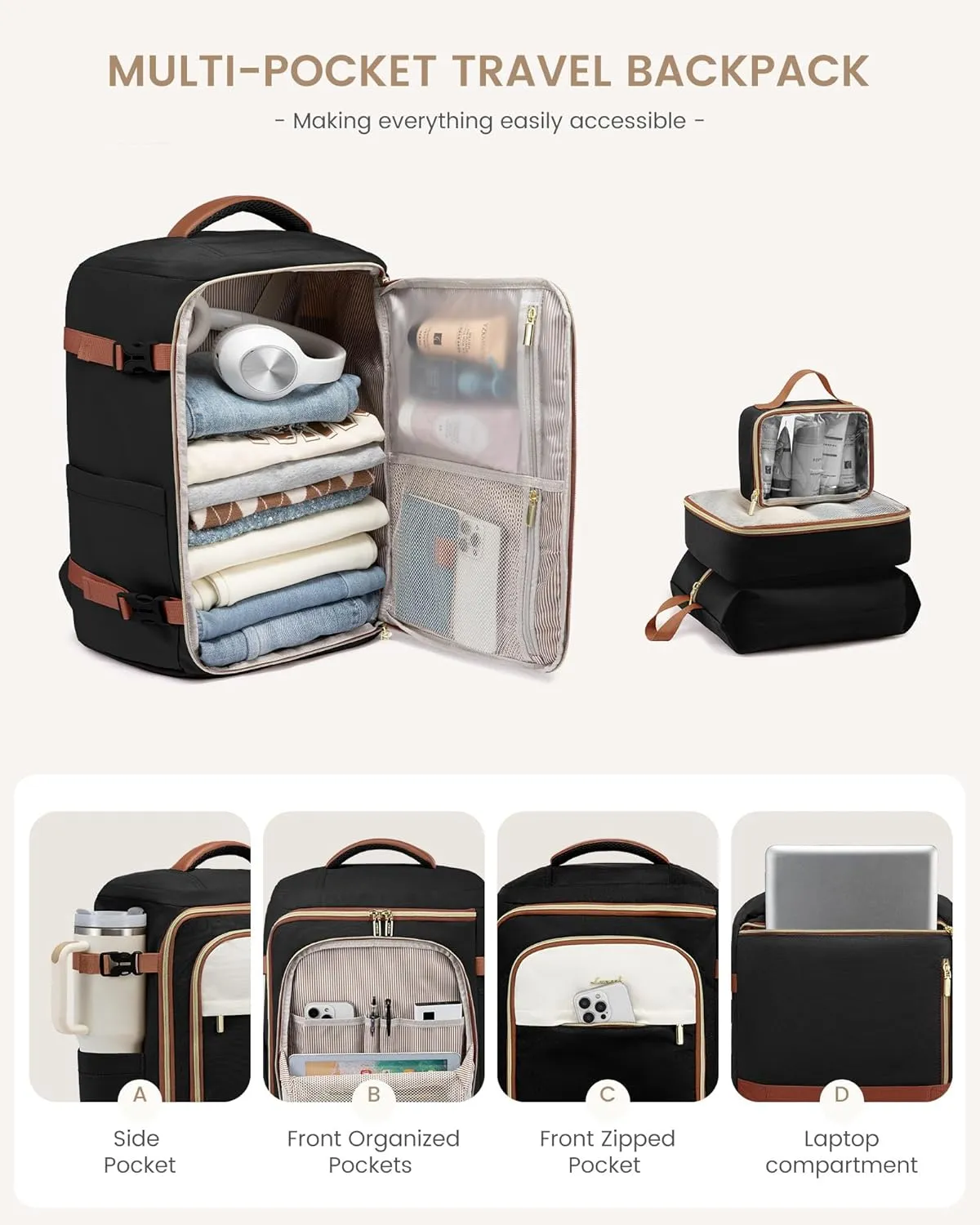 LOVEVOOK 50L Travel Backpack for Women, TSA Approved Carry On Backpack with 3 Packing Cubes, Personal Item Bag Fits 17" Laptop, Water-resistant Travel Carry On Bag for Women