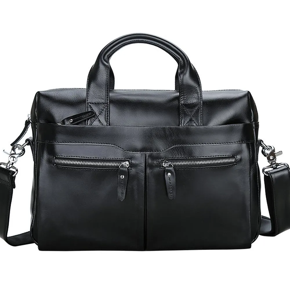 Luxury Business Briefcase Soft Black Genuine cow Leather 14 Inches Laptop Bag For Men