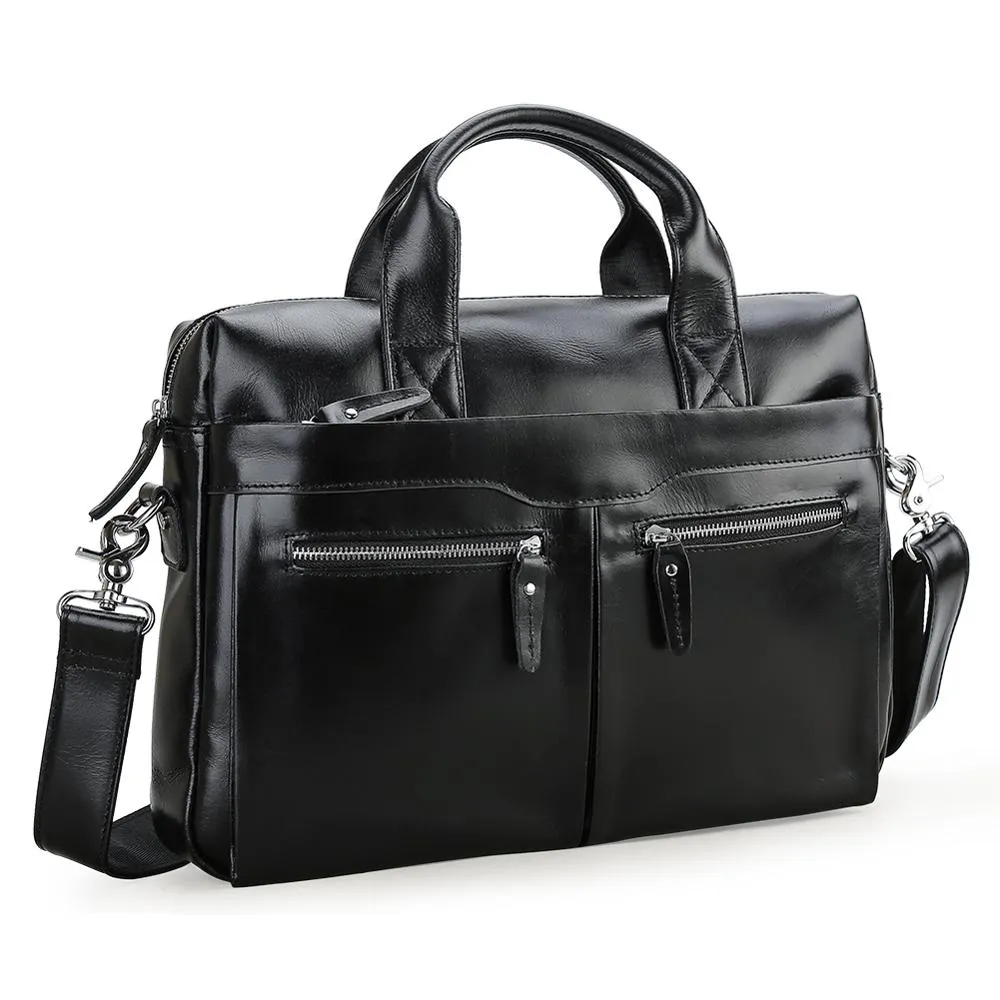 Luxury Business Briefcase Soft Black Genuine cow Leather 14 Inches Laptop Bag For Men