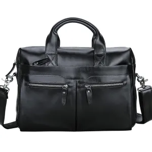 Luxury Business Briefcase Soft Black Genuine cow Leather 14 Inches Laptop Bag For Men