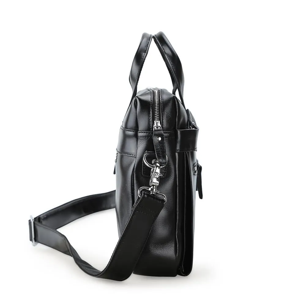 Luxury Business Briefcase Soft Black Genuine cow Leather 14 Inches Laptop Bag For Men