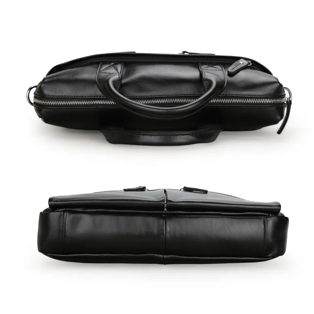 Luxury Business Briefcase Soft Black Genuine cow Leather 14 Inches Laptop Bag For Men
