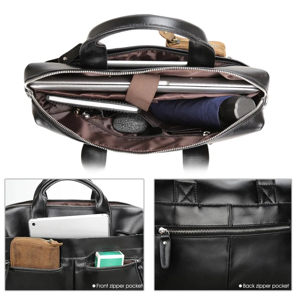 Luxury Business Briefcase Soft Black Genuine cow Leather 14 Inches Laptop Bag For Men