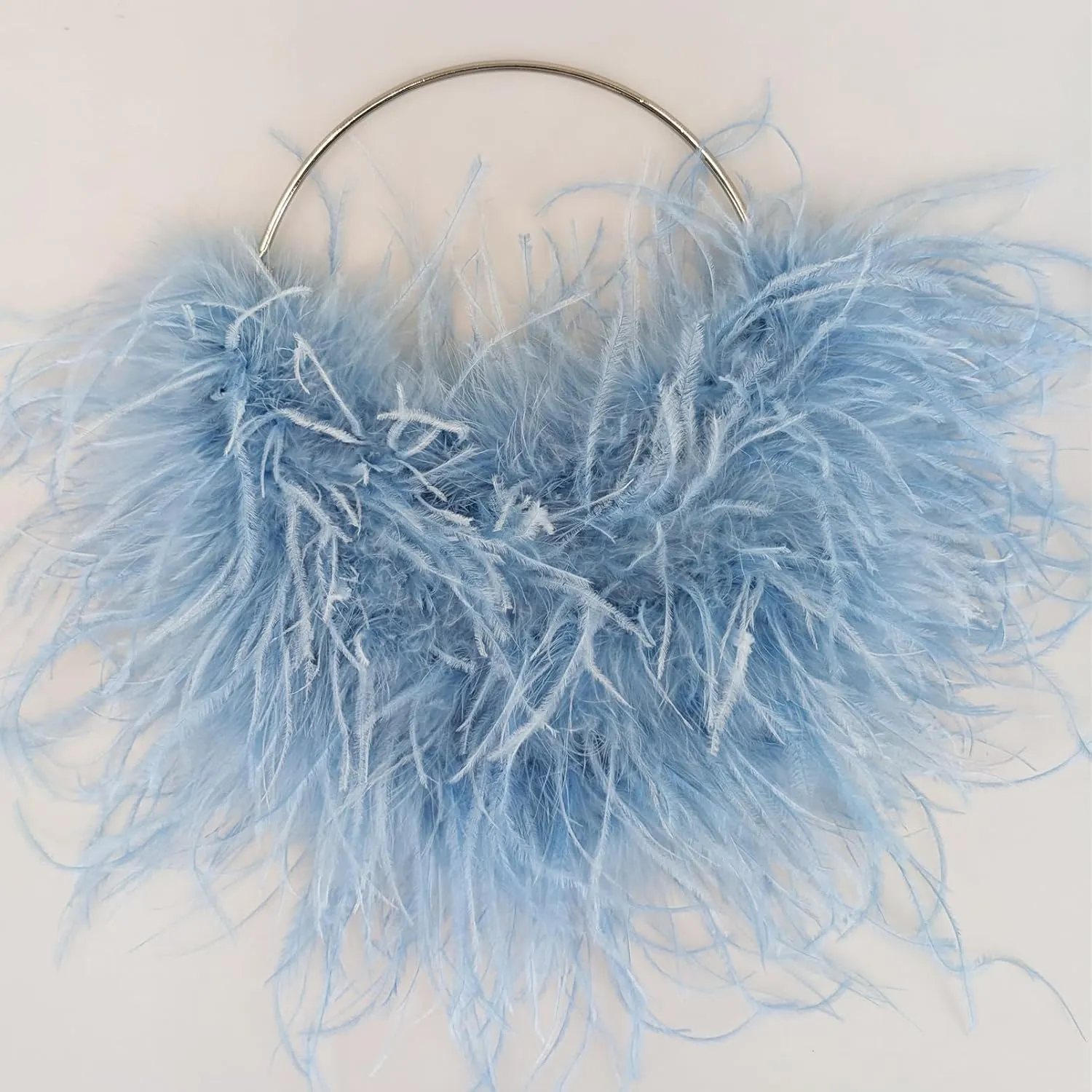 LVCOMEFF Ostrich Feather Evening Purse Silver Color Top-handle Moon Hobo Bag for Party Wedding Cute
