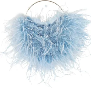 LVCOMEFF Ostrich Feather Evening Purse Silver Color Top-handle Moon Hobo Bag for Party Wedding Cute