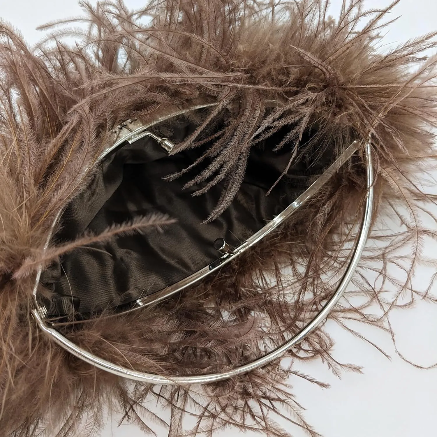 LVCOMEFF Ostrich Feather Evening Purse Silver Color Top-handle Moon Hobo Bag for Party Wedding Cute