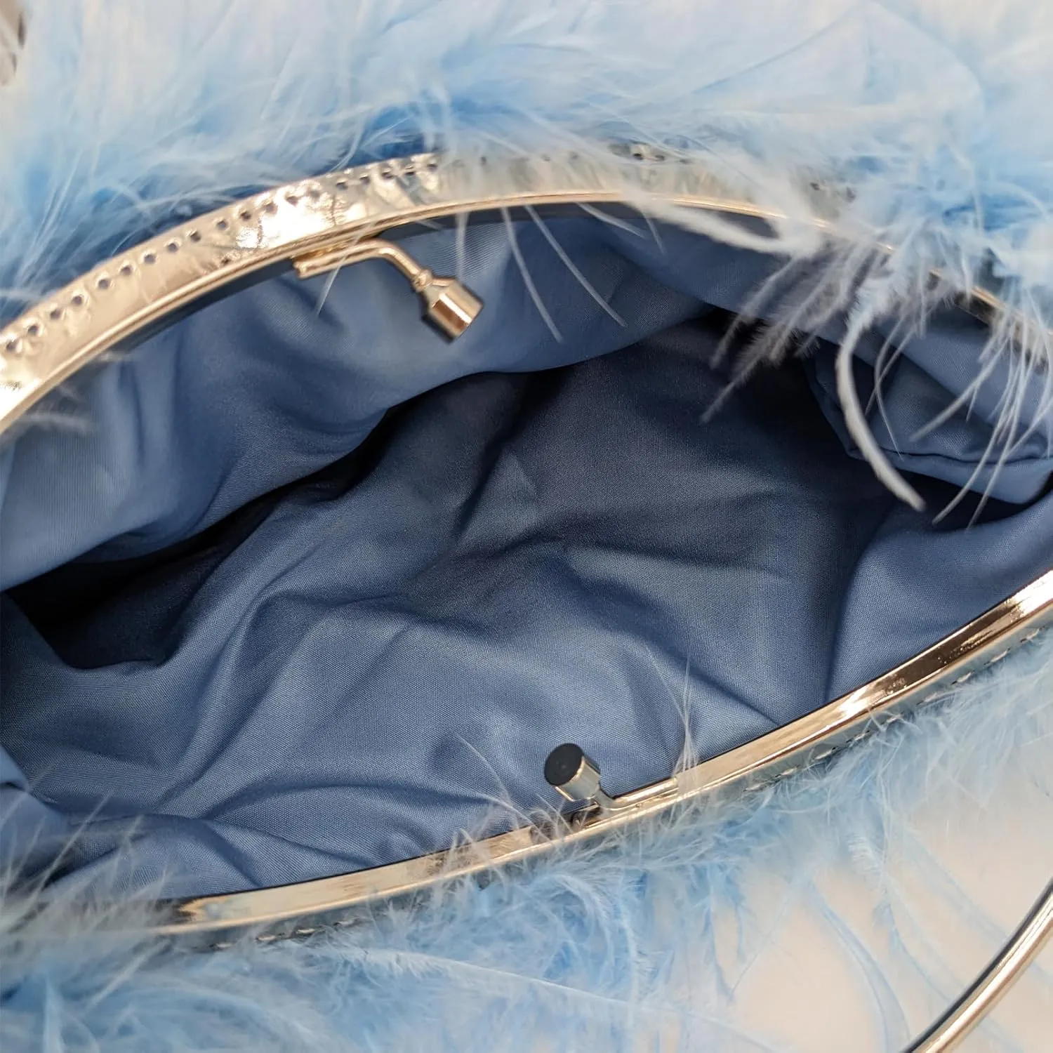LVCOMEFF Ostrich Feather Evening Purse Silver Color Top-handle Moon Hobo Bag for Party Wedding Cute