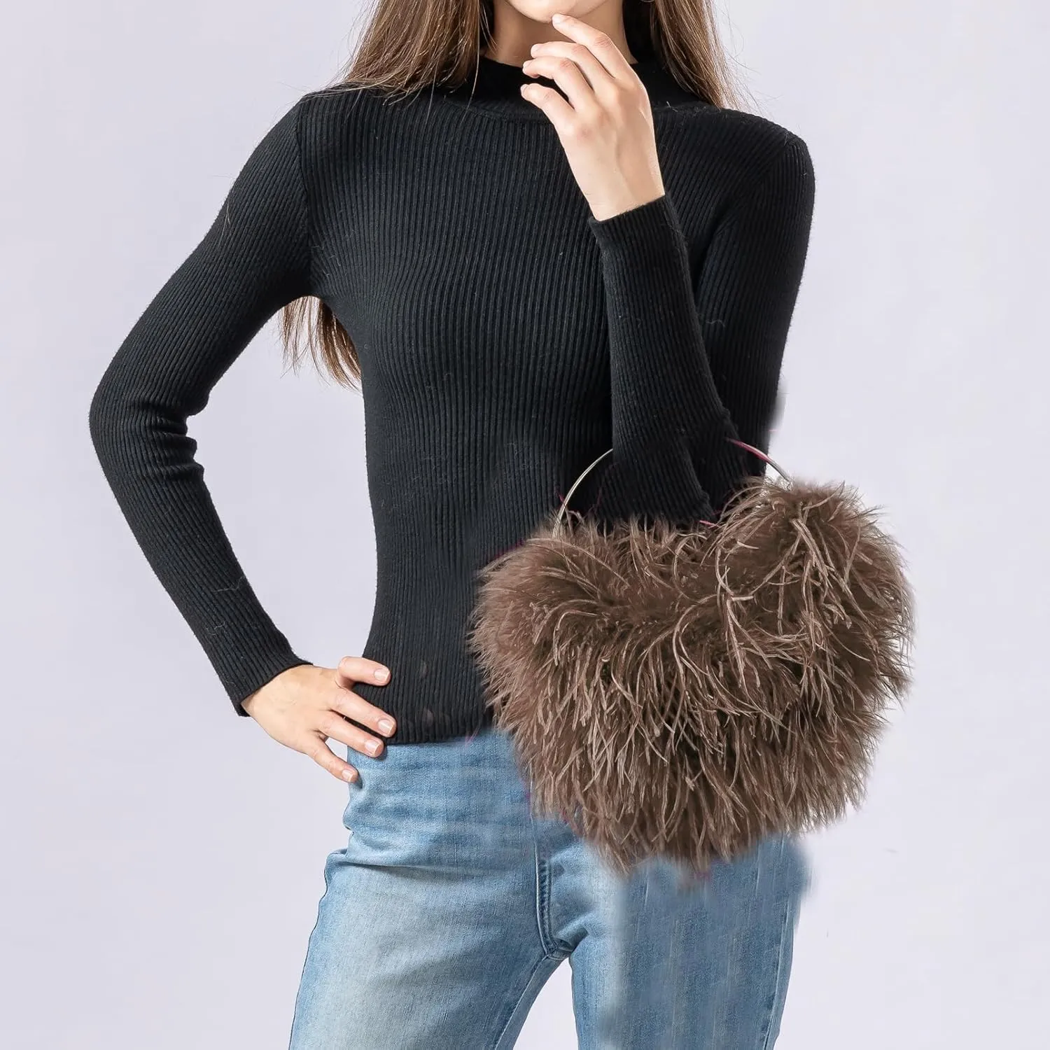 LVCOMEFF Ostrich Feather Evening Purse Silver Color Top-handle Moon Hobo Bag for Party Wedding Cute