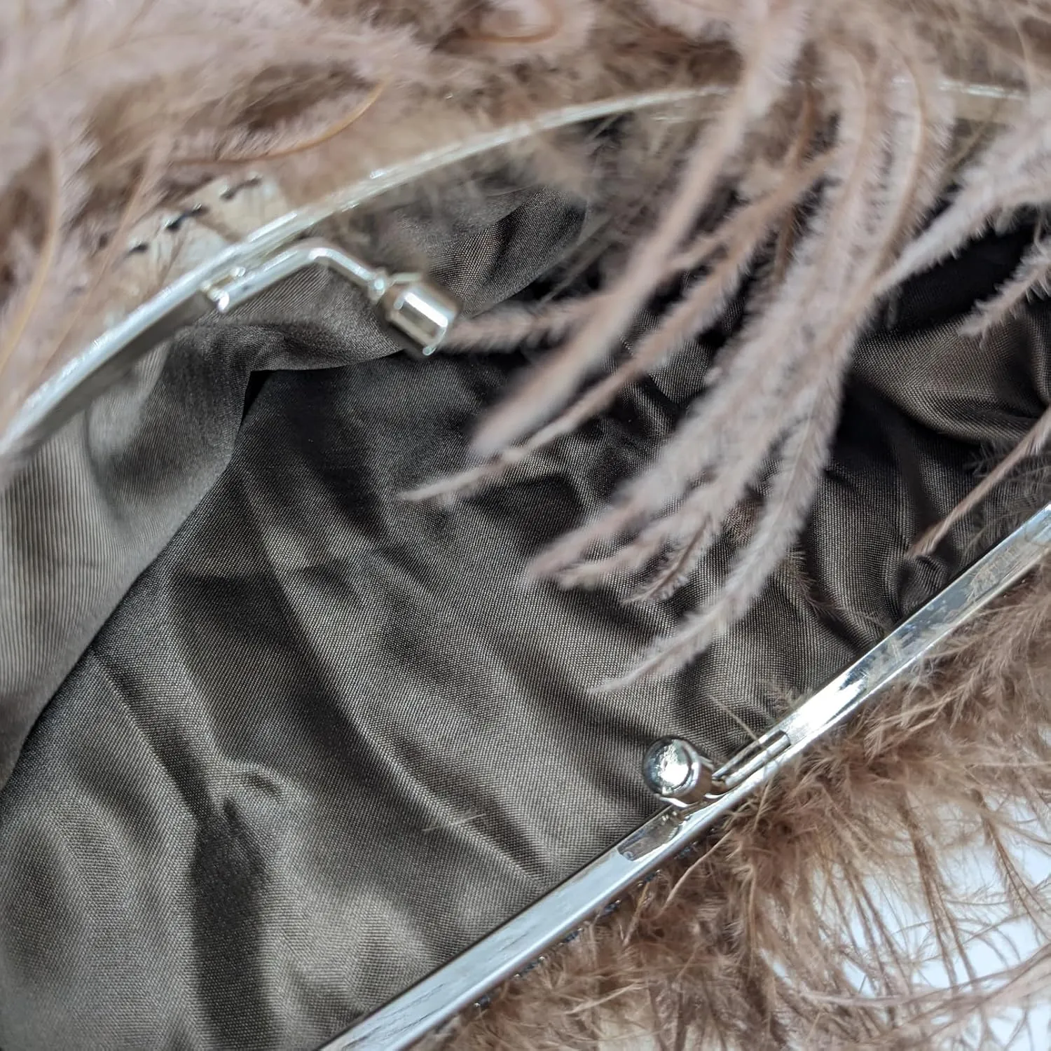 LVCOMEFF Ostrich Feather Evening Purse Silver Color Top-handle Moon Hobo Bag for Party Wedding Cute