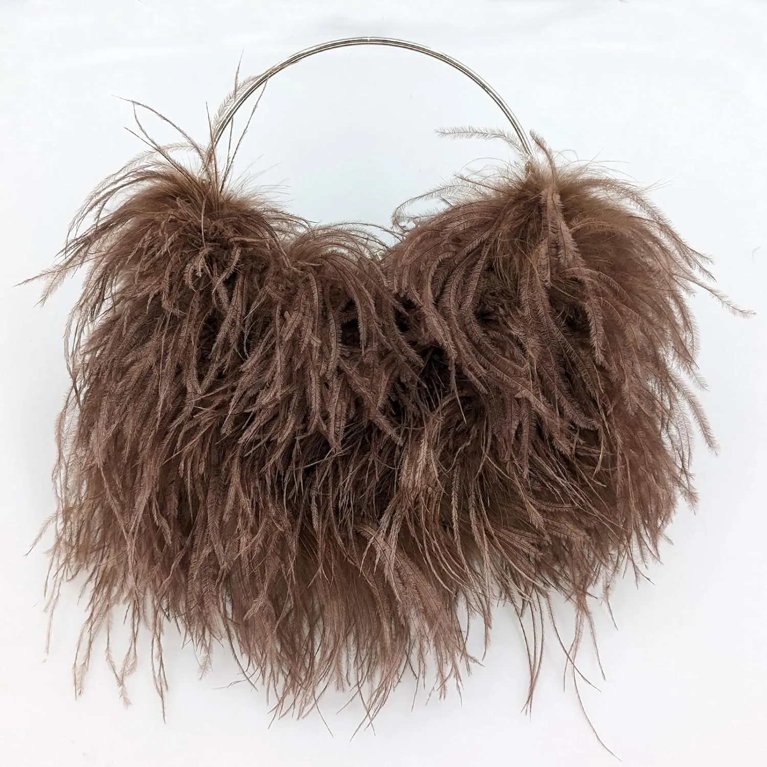 LVCOMEFF Ostrich Feather Evening Purse Silver Color Top-handle Moon Hobo Bag for Party Wedding Cute