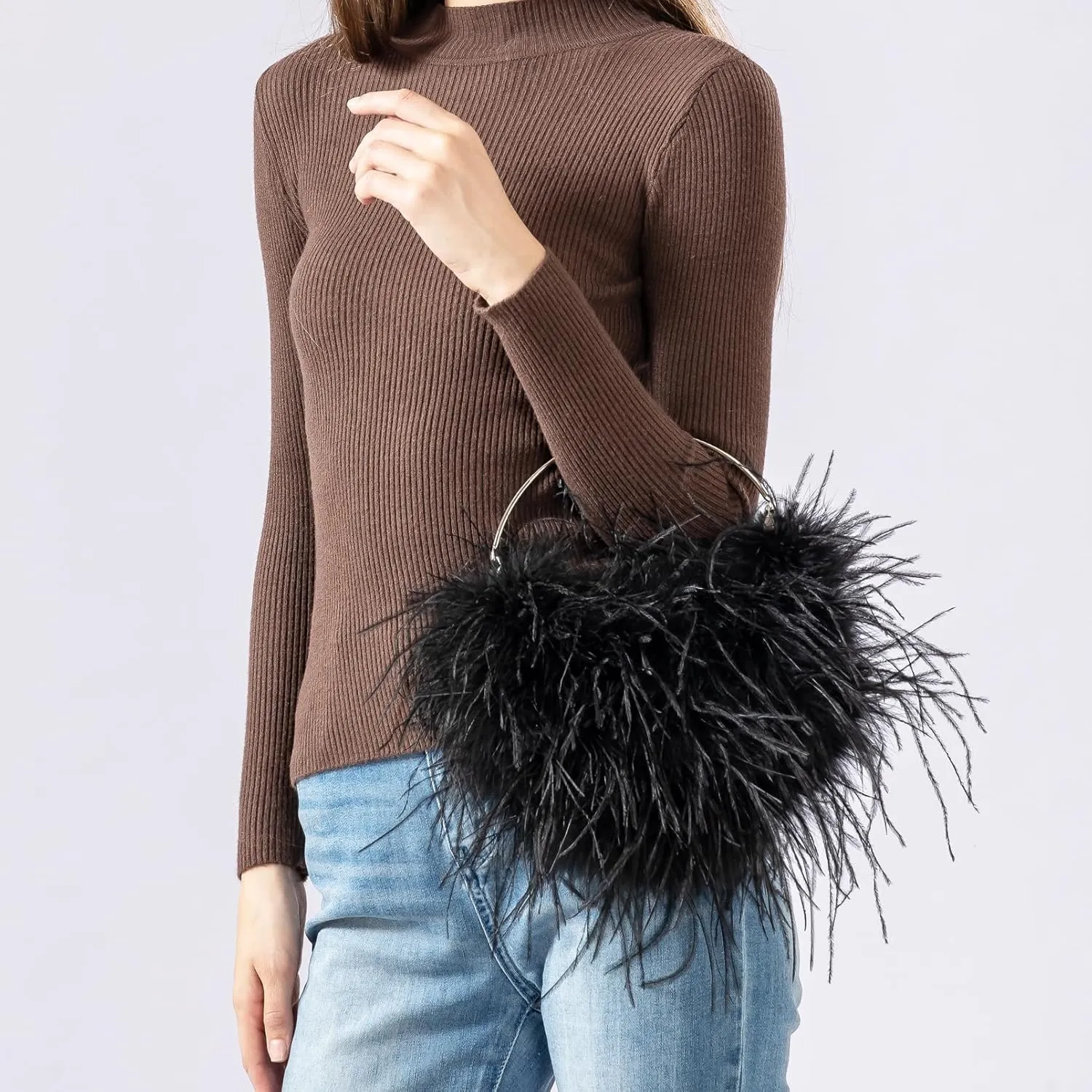 LVCOMEFF Ostrich Feather Evening Purse Silver Color Top-handle Moon Hobo Bag for Party Wedding Cute