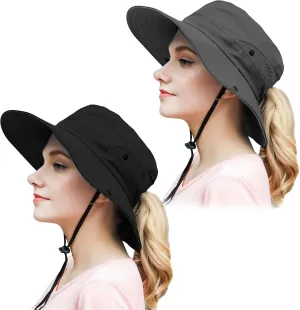 Muryobao 2 Pack Women Ponytail Summer Sun Hat UV Protection Wide Brim Foldable Safari Fishing Cap