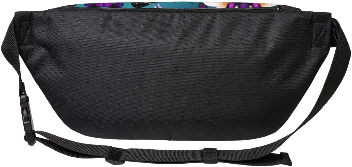 Purple Butterfly and Flowers Fanny Pack Crossbody Sling Bag  Zipper Pockets for Travel, Hiking, Cycling, Workouts, and Everyday Use
