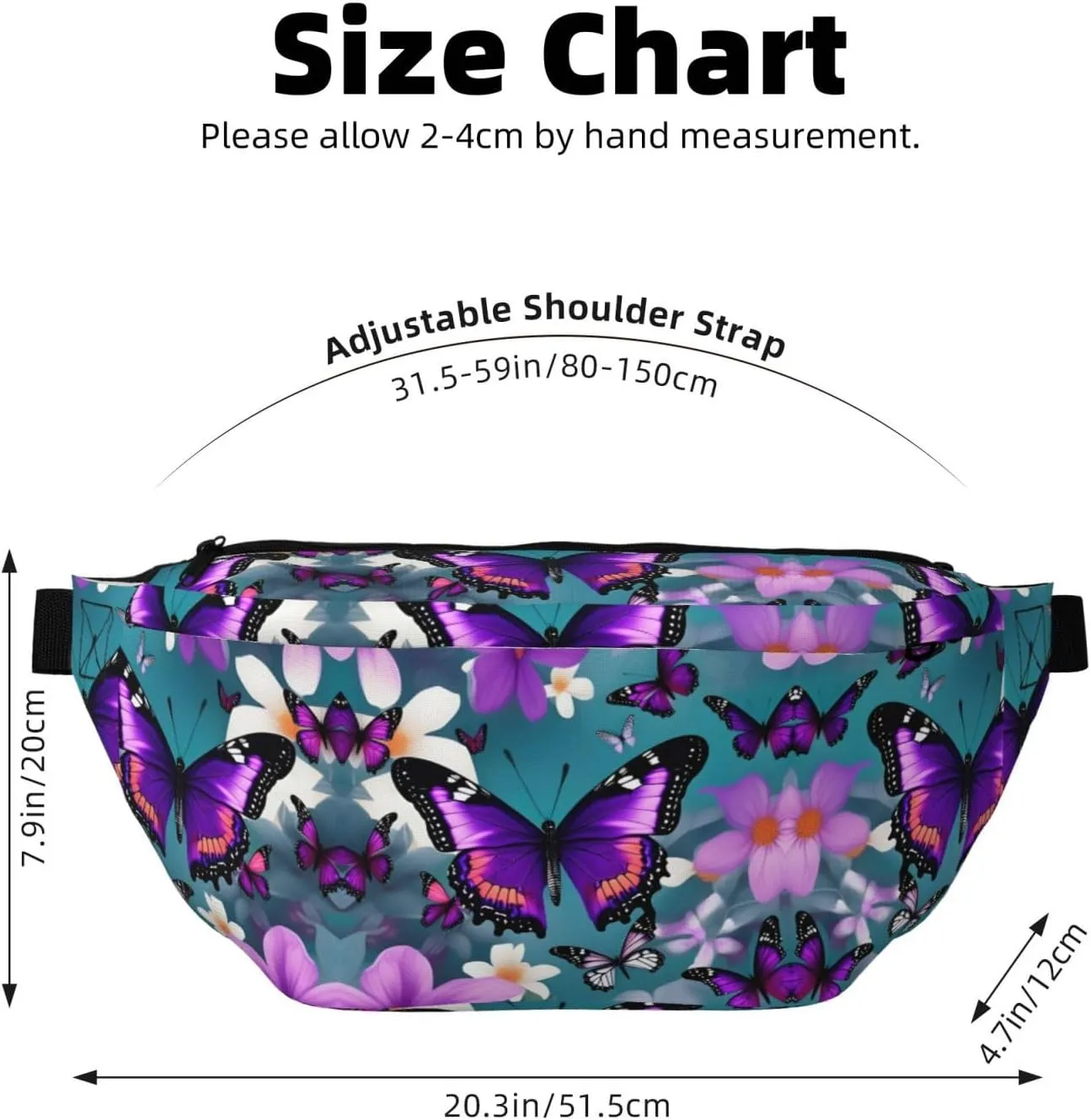 Purple Butterfly and Flowers Fanny Pack Crossbody Sling Bag  Zipper Pockets for Travel, Hiking, Cycling, Workouts, and Everyday Use