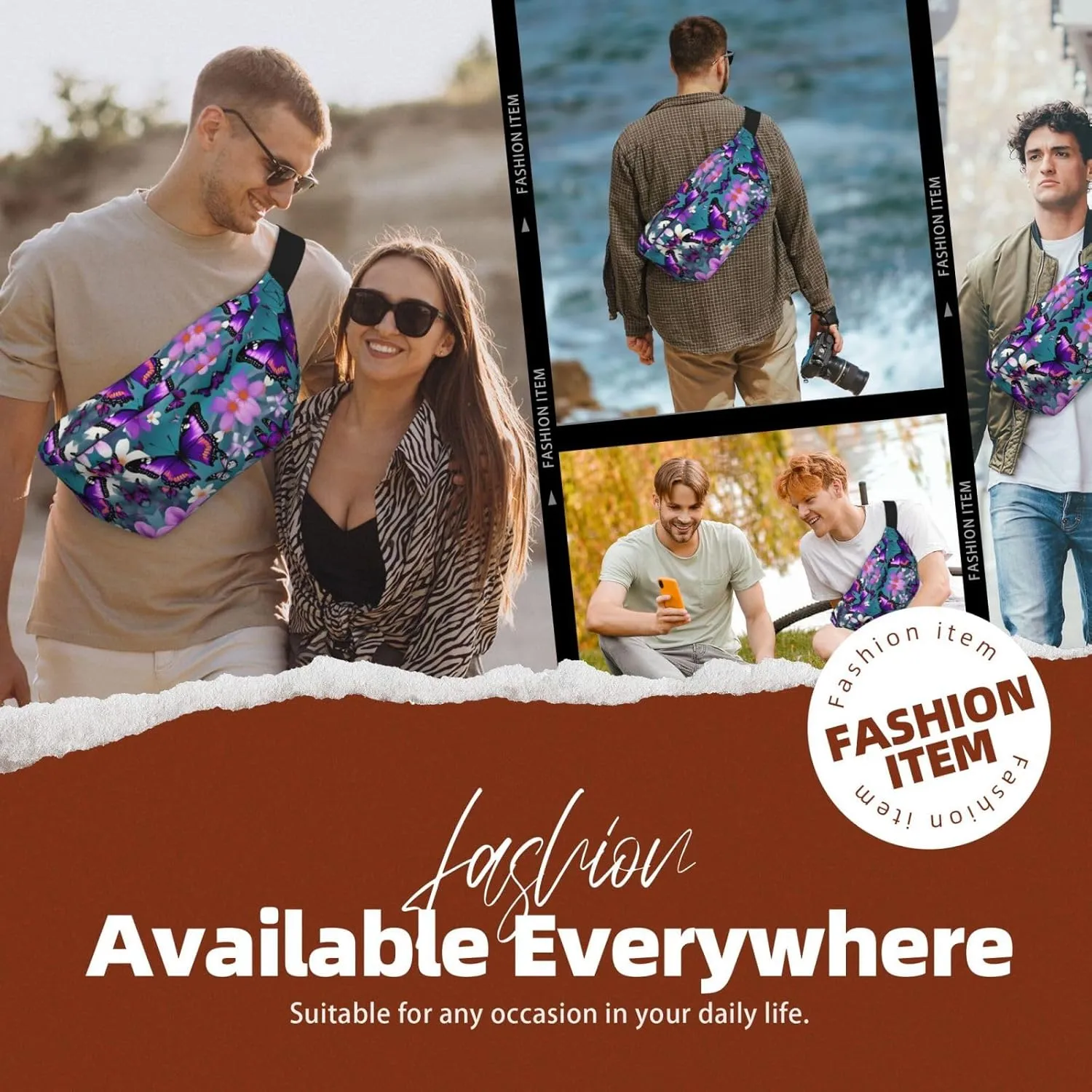 Purple Butterfly and Flowers Fanny Pack Crossbody Sling Bag  Zipper Pockets for Travel, Hiking, Cycling, Workouts, and Everyday Use