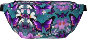 Purple Butterfly and Flowers Fanny Pack Crossbody Sling Bag  Zipper Pockets for Travel, Hiking, Cycling, Workouts, and Everyday Use