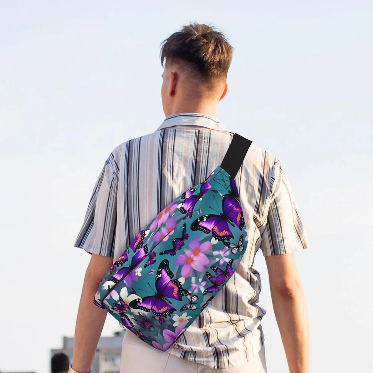 Purple Butterfly and Flowers Fanny Pack Crossbody Sling Bag  Zipper Pockets for Travel, Hiking, Cycling, Workouts, and Everyday Use