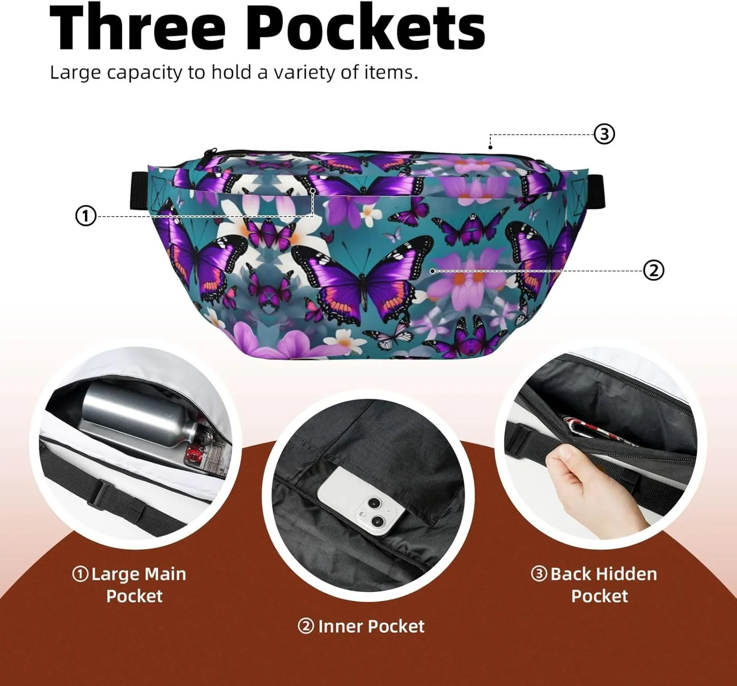 Purple Butterfly and Flowers Fanny Pack Crossbody Sling Bag  Zipper Pockets for Travel, Hiking, Cycling, Workouts, and Everyday Use