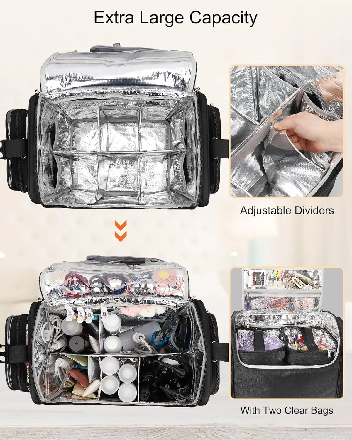 Relavel Rolling Makeup Train Case with 6 Pcs Clear Makeup Bags, Hairstylist Traveling Bag with 4 Wheels, Heat Insulation Full Layer, Adjustable Dividers, Hair Tools and Cosmetics Storage Organizer