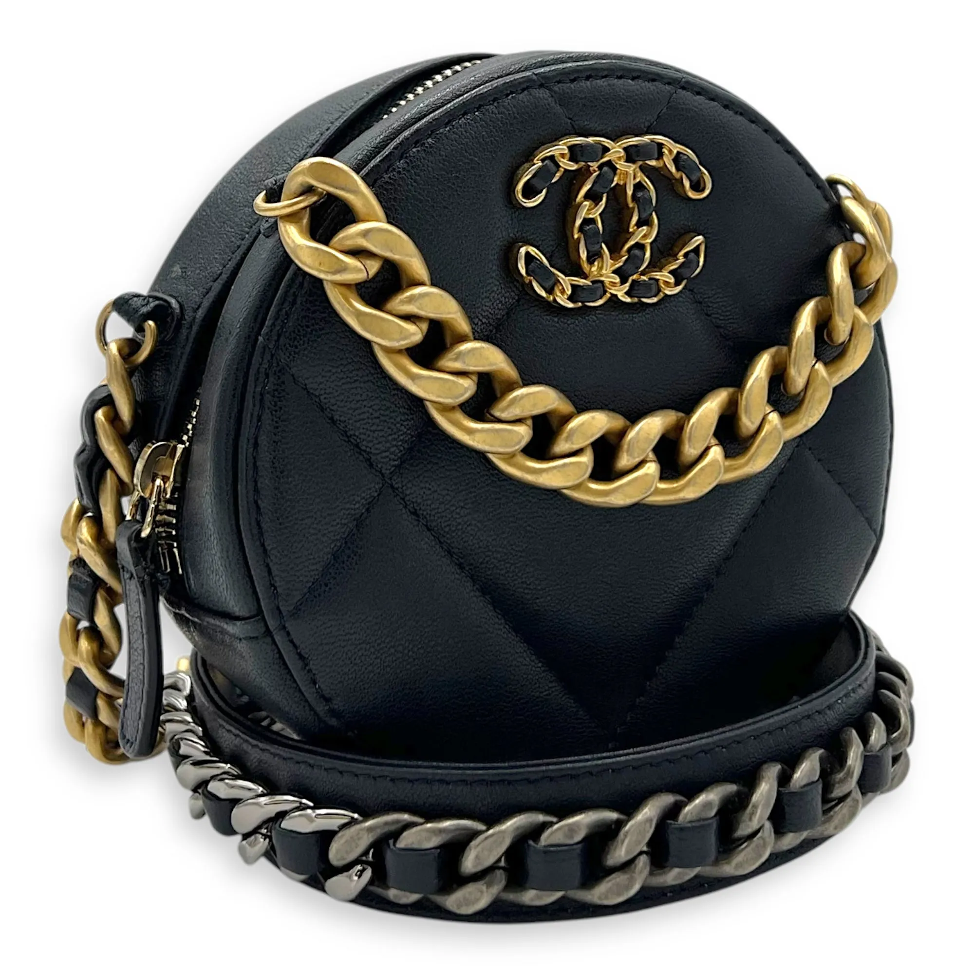 Round CC Crossbody Bag Blue in Calfskin, Mixed hardware