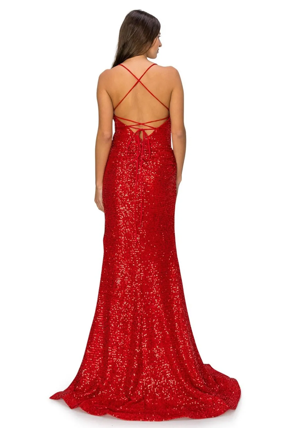 Sheath Sequin Side Slit V-Neck Open V-Back Long Evening Dress