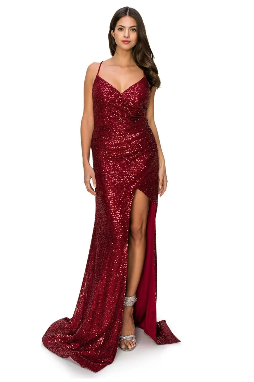 Sheath Sequin Side Slit V-Neck Open V-Back Long Evening Dress