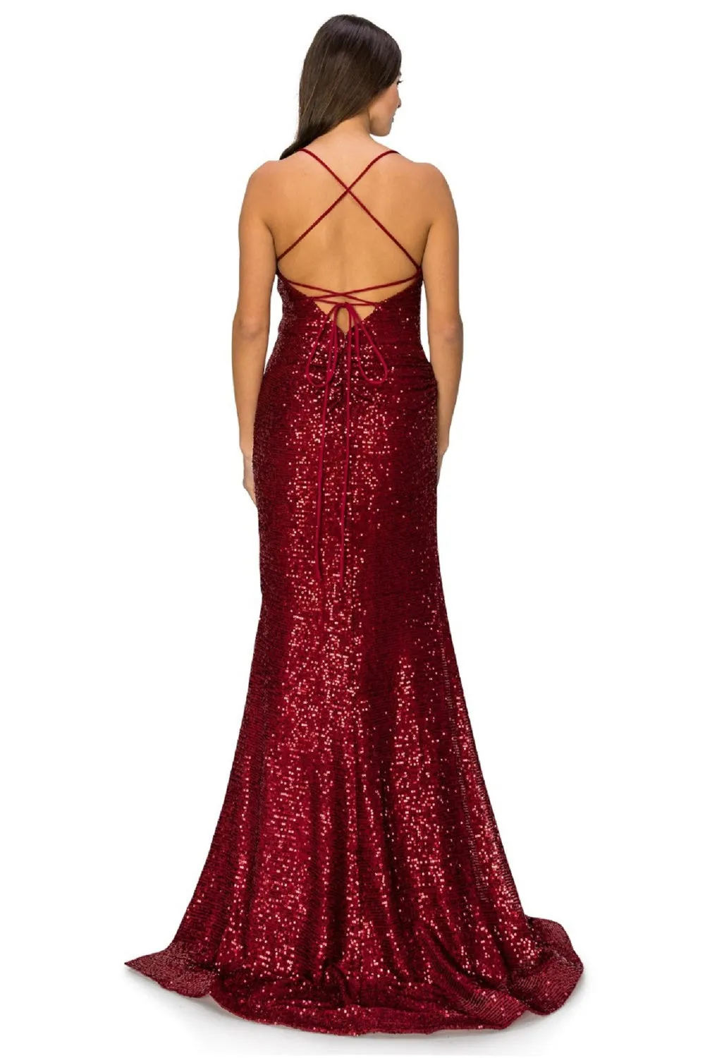 Sheath Sequin Side Slit V-Neck Open V-Back Long Evening Dress