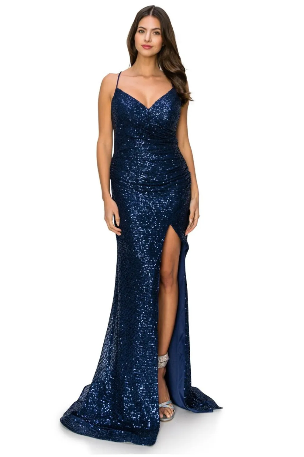 Sheath Sequin Side Slit V-Neck Open V-Back Long Evening Dress