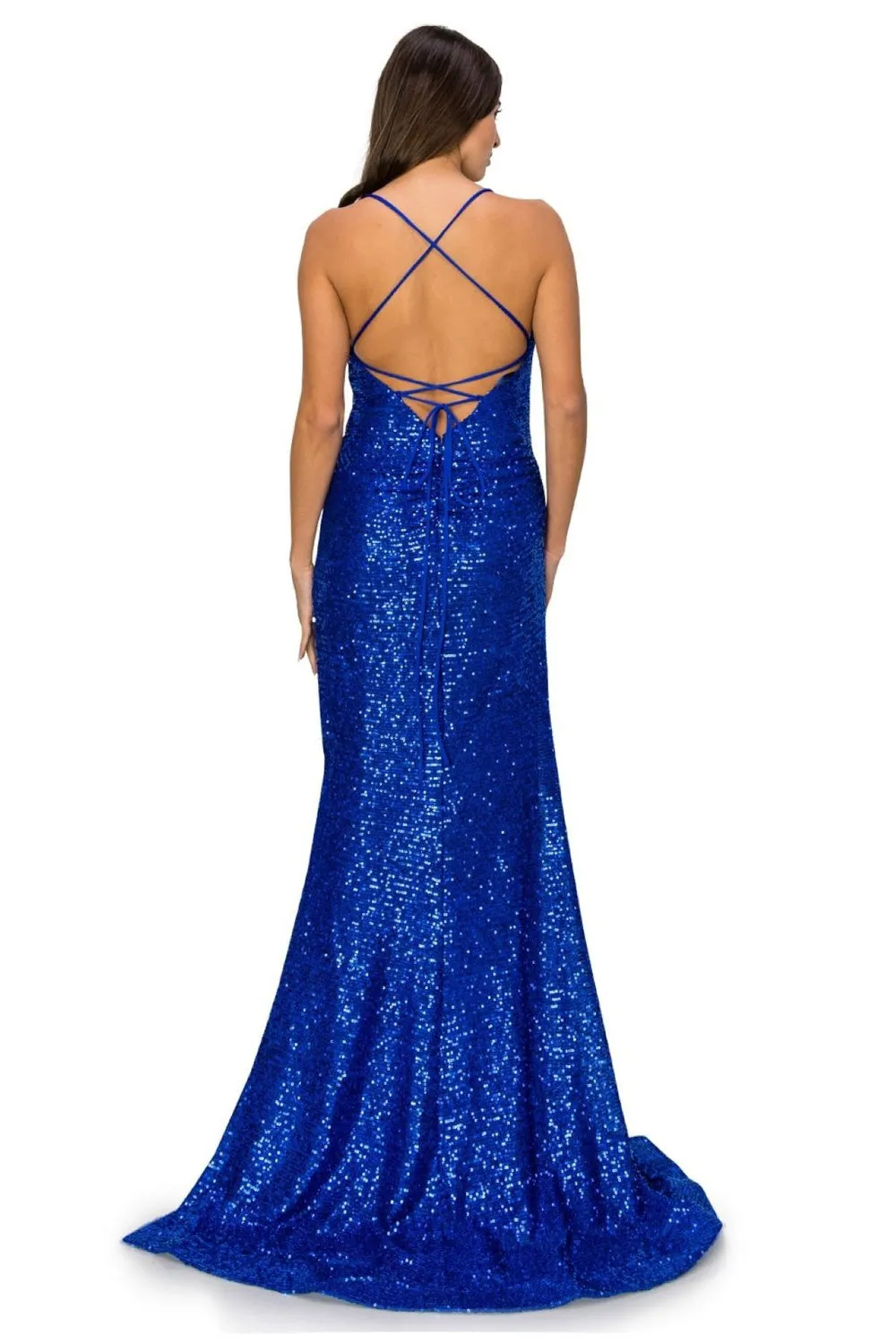 Sheath Sequin Side Slit V-Neck Open V-Back Long Evening Dress