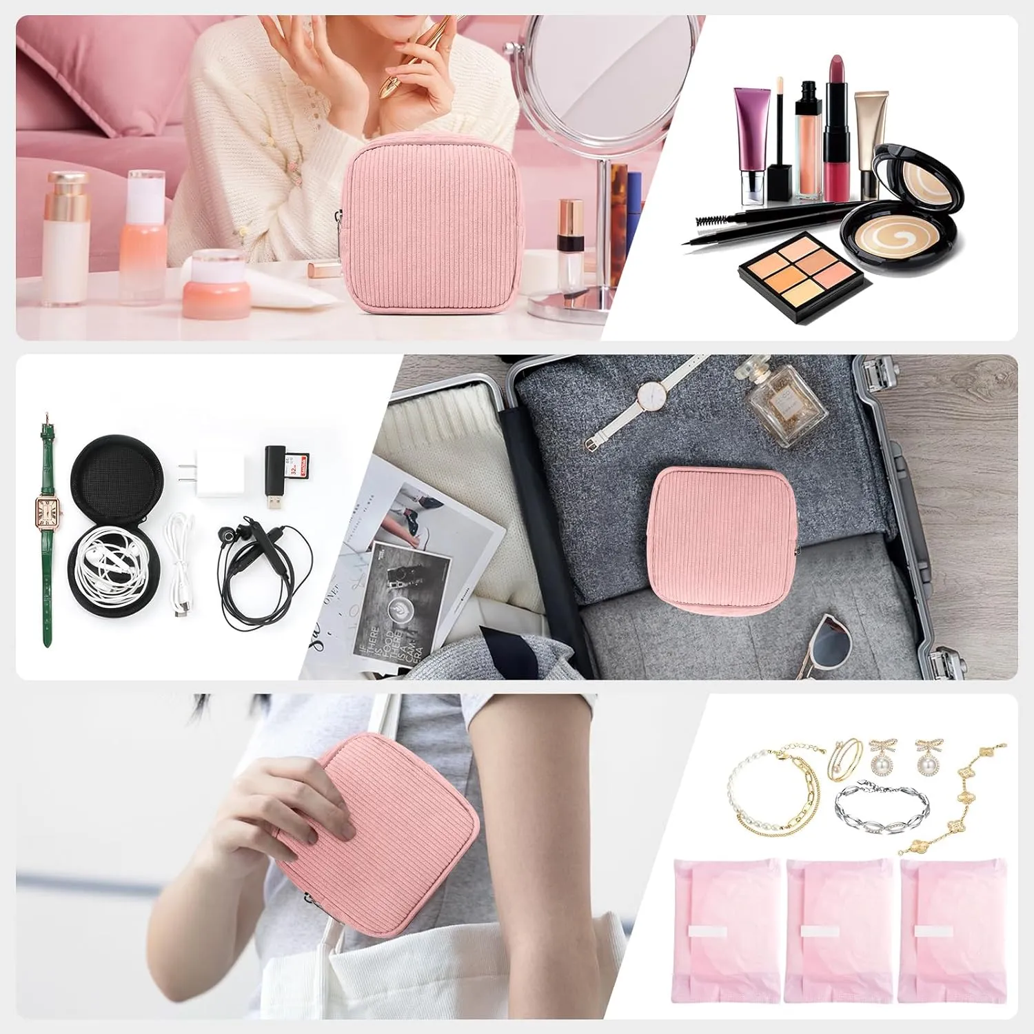 Small Corduroy Makeup Bag  Mini Cosmetic Pouch with Metal Zipper,Small Essentials Bag for Purse, Travel, and Gifts  Perfect for Jewelry, Cables, and Accessories,Pink
