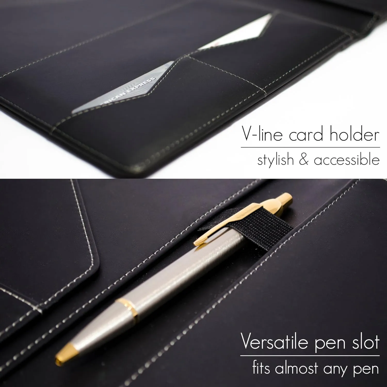 STYLIO Padfolio Portfolio Organizer Binder | Interview Resume Folder, Legal Document, Business Card Holder |w/Letter-Sized Notepad | Handsome Piano Noir Faux Leather Folio Matte Finish, Accent Stitch