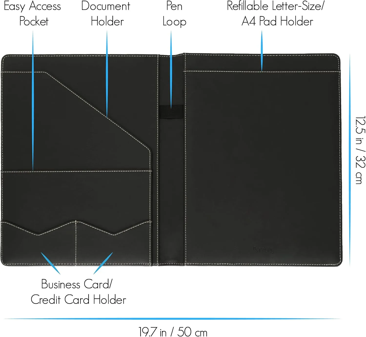 STYLIO Padfolio Portfolio Organizer Binder | Interview Resume Folder, Legal Document, Business Card Holder |w/Letter-Sized Notepad | Handsome Piano Noir Faux Leather Folio Matte Finish, Accent Stitch