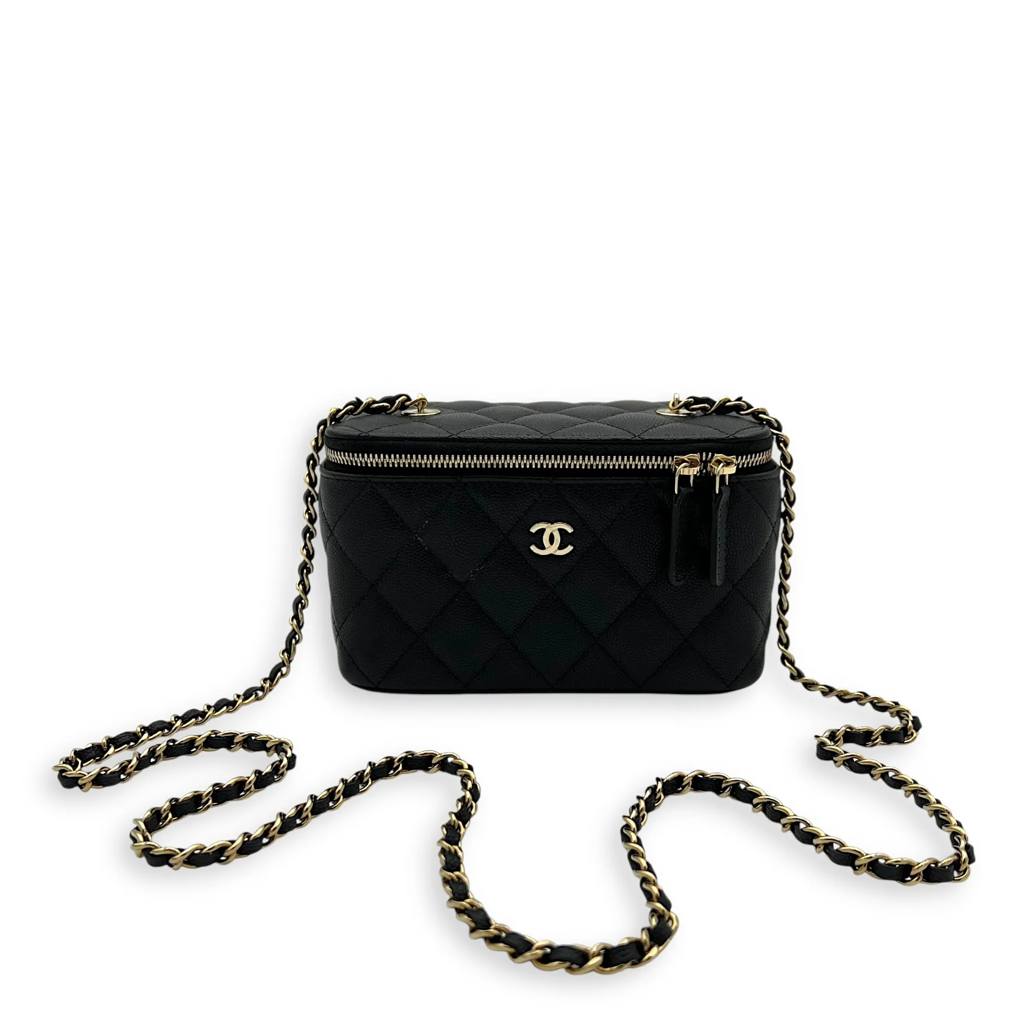 Vanity Small Black Crossbody Bag in Caviar Leather, Gold hardware