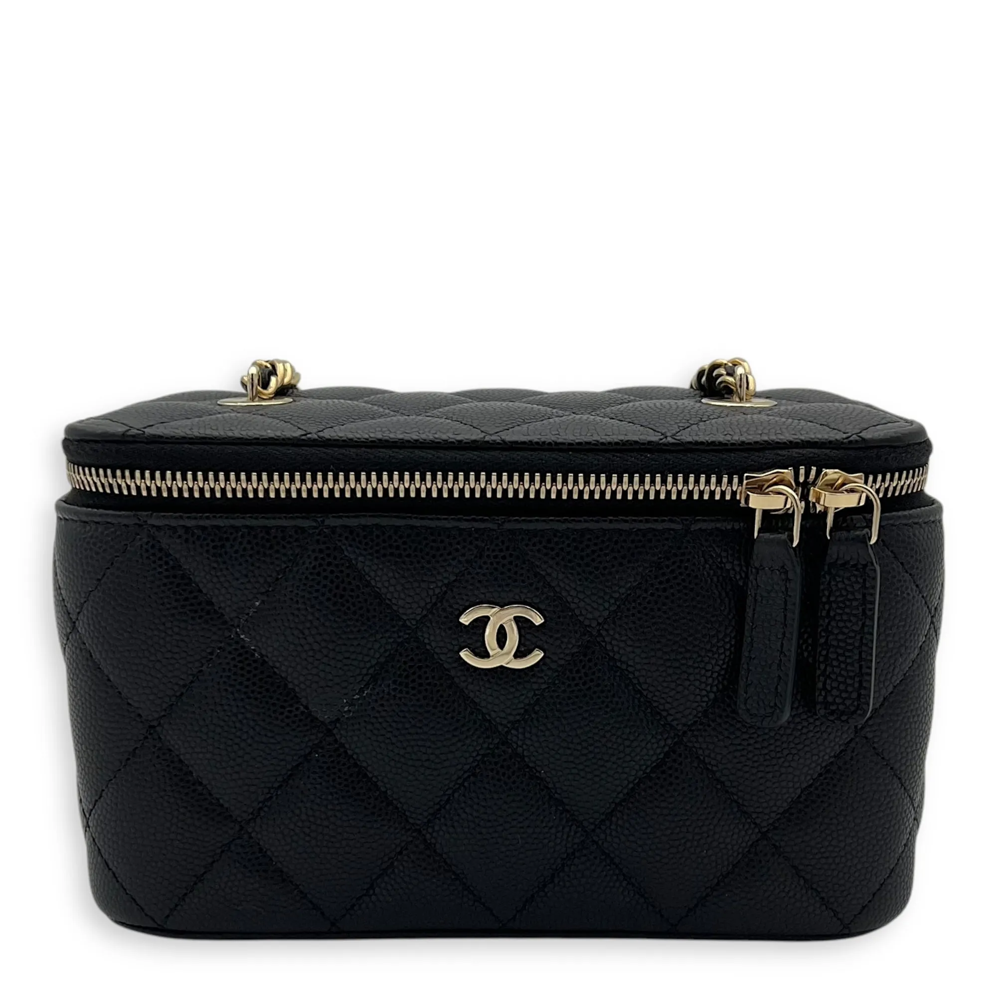 Vanity Small Black Crossbody Bag in Caviar Leather, Gold hardware