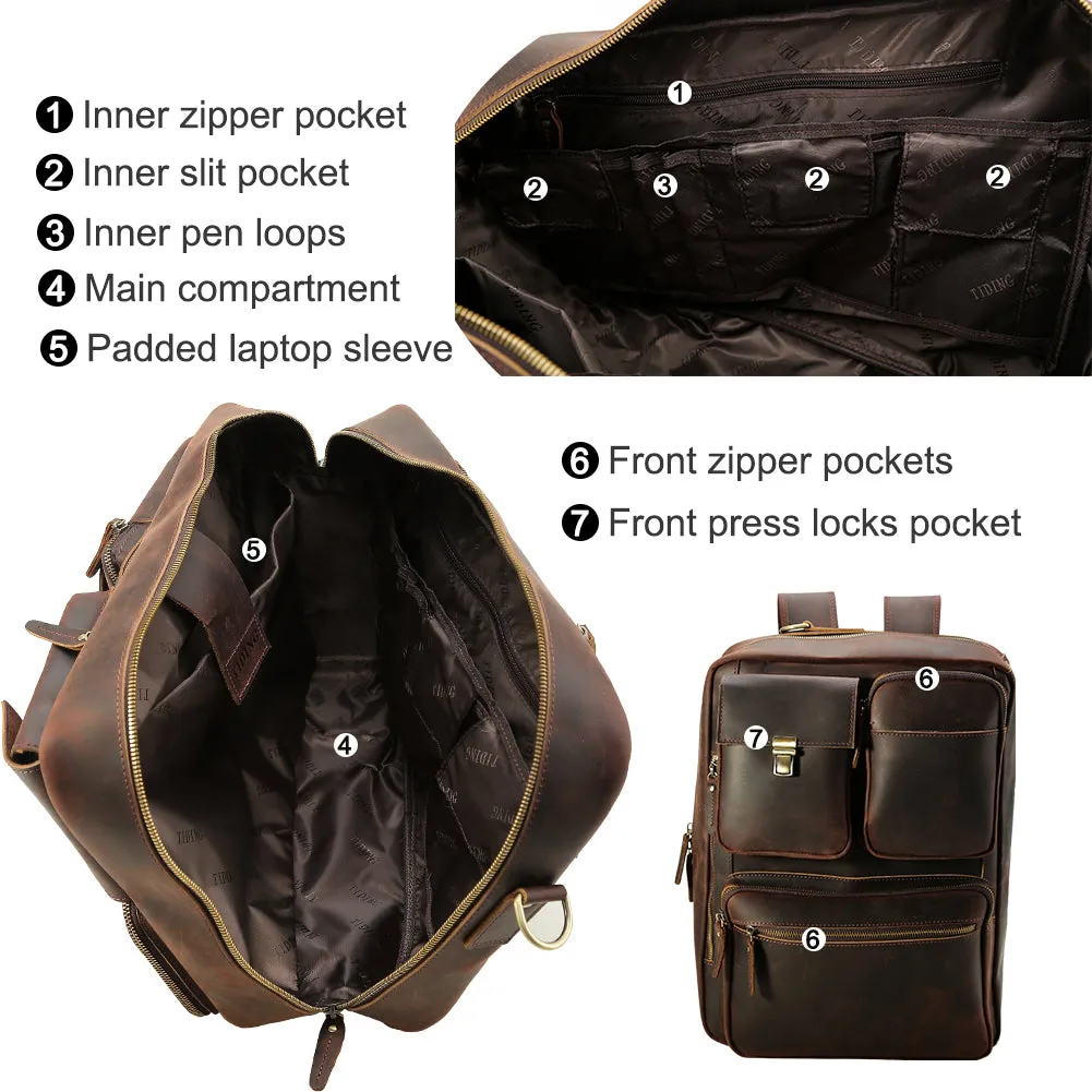 Vintage Crazy Horse Leather Multifunction Cowhide Shoulder Briefcase Bag Laptop Backpack for Men