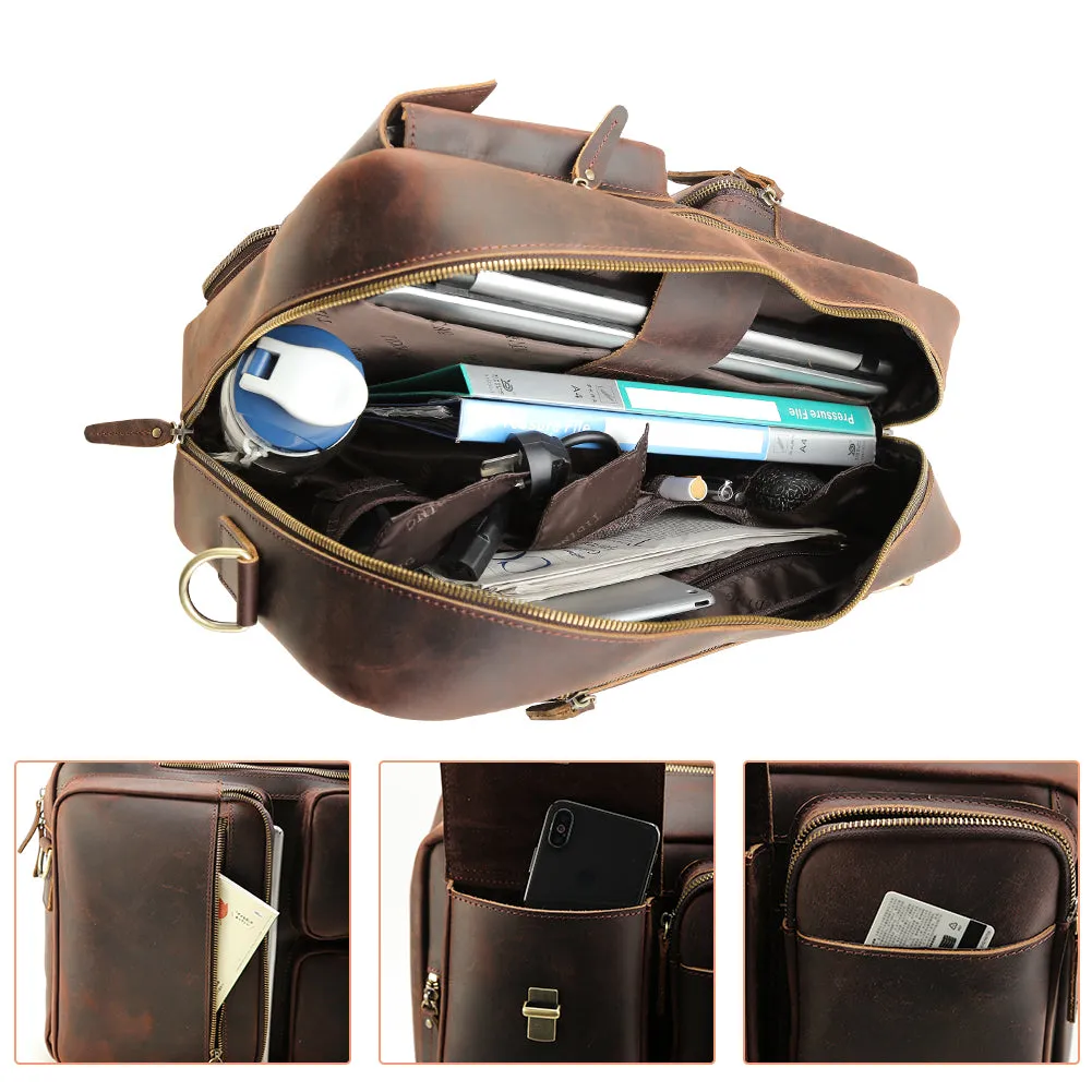 Vintage Crazy Horse Leather Multifunction Cowhide Shoulder Briefcase Bag Laptop Backpack for Men