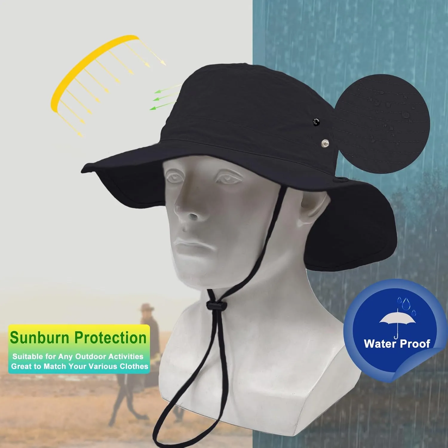 Waterproof Bucket Rain Hat for Women Wide Brim UV Protection Foldable Mesh Soft Boonie Beach Fishing Cowboy Hat Men