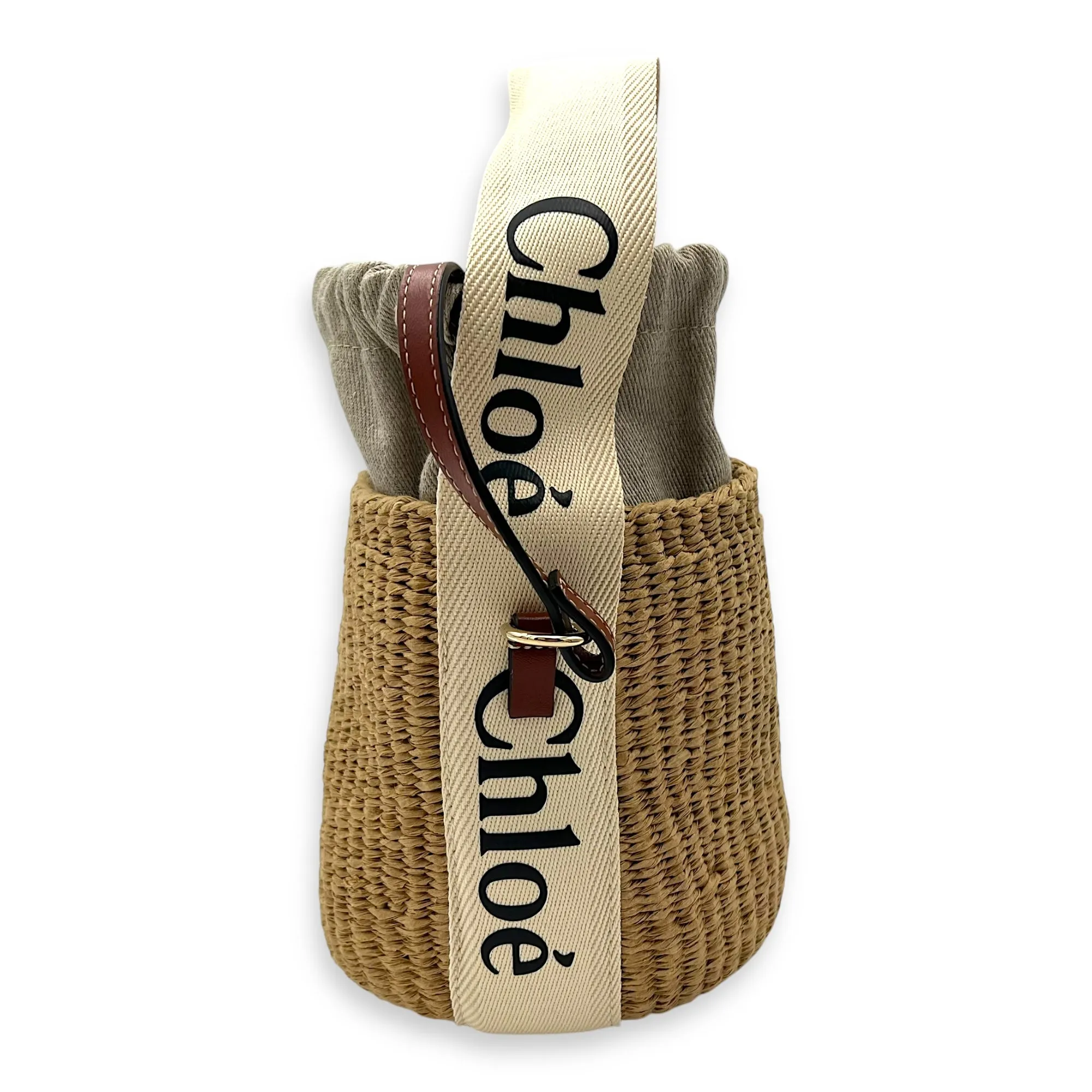 Woody Beige Bucket Bag in Raffia, Gold hardware