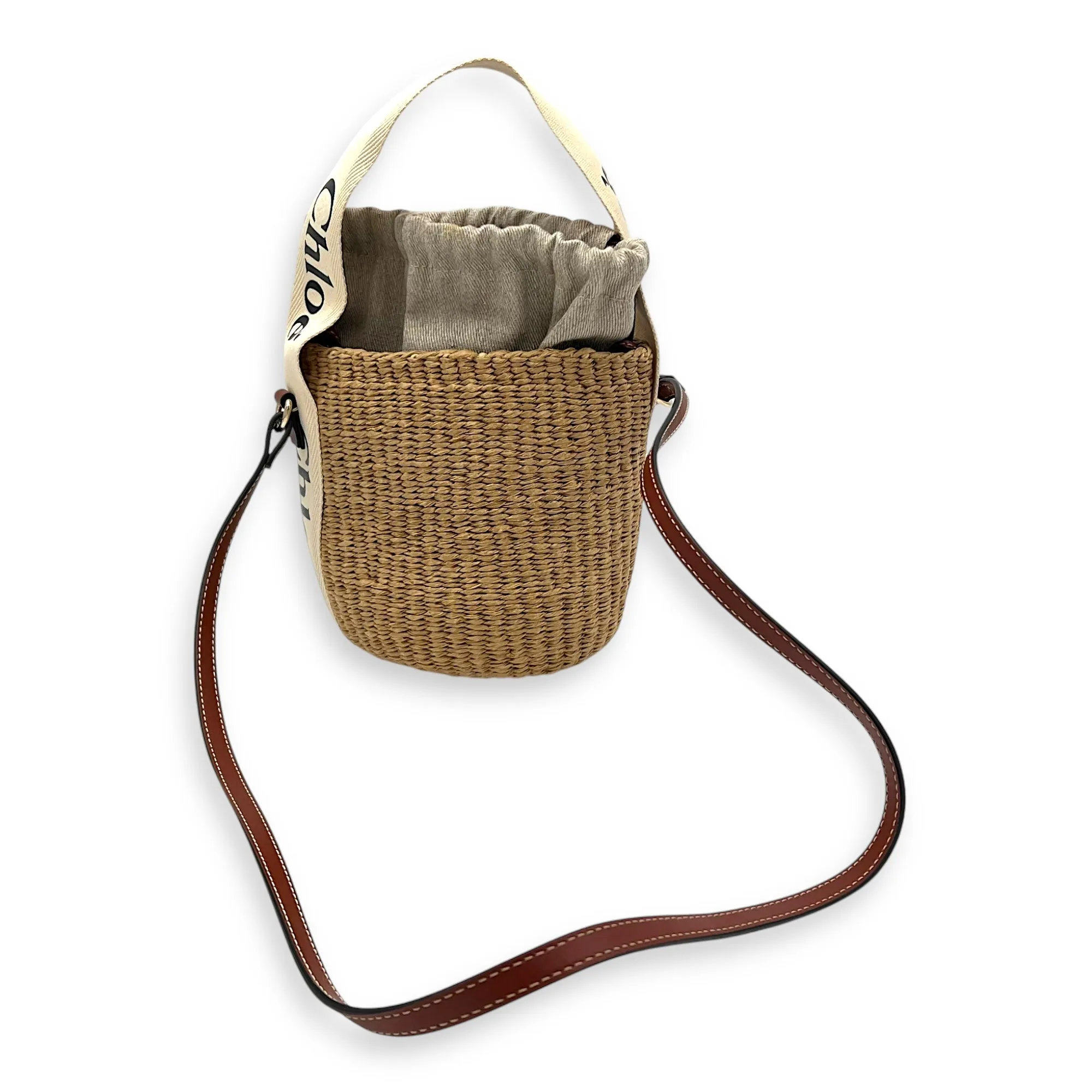 Woody Beige Bucket Bag in Raffia, Gold hardware