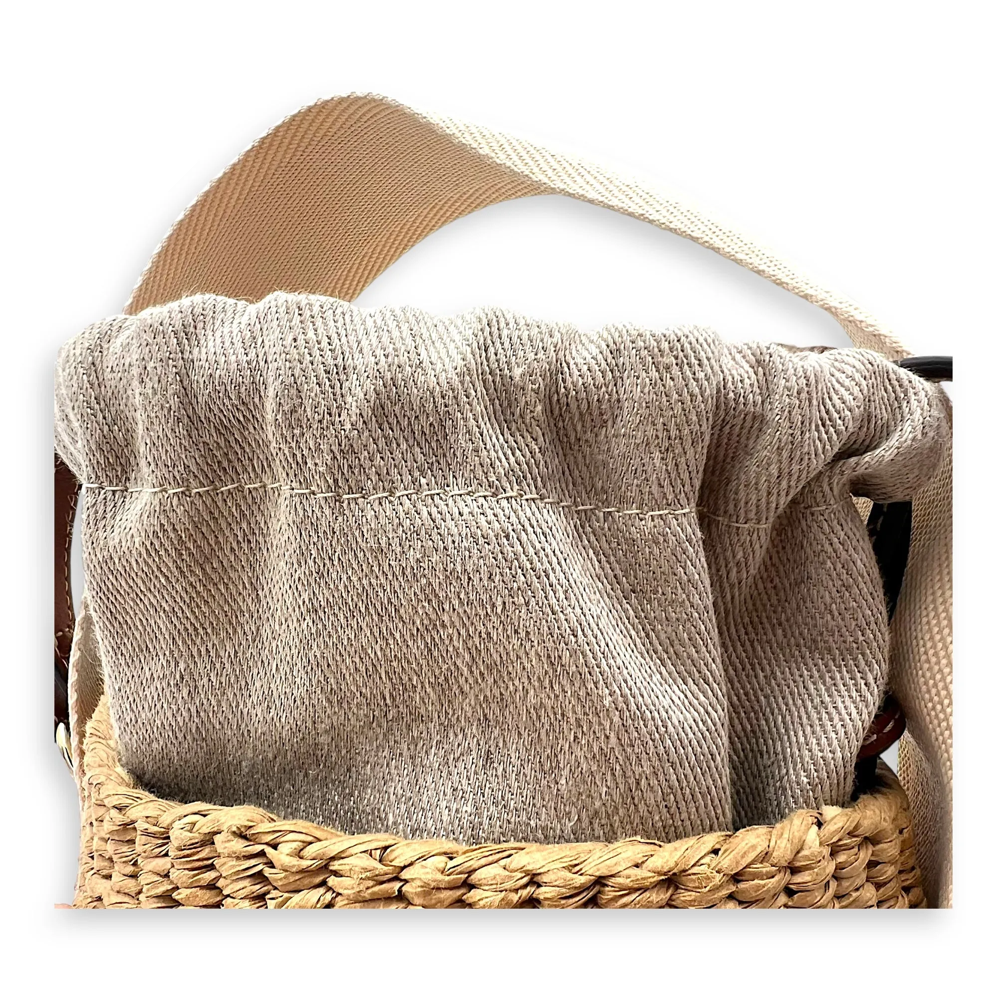 Woody Beige Bucket Bag in Raffia, Gold hardware