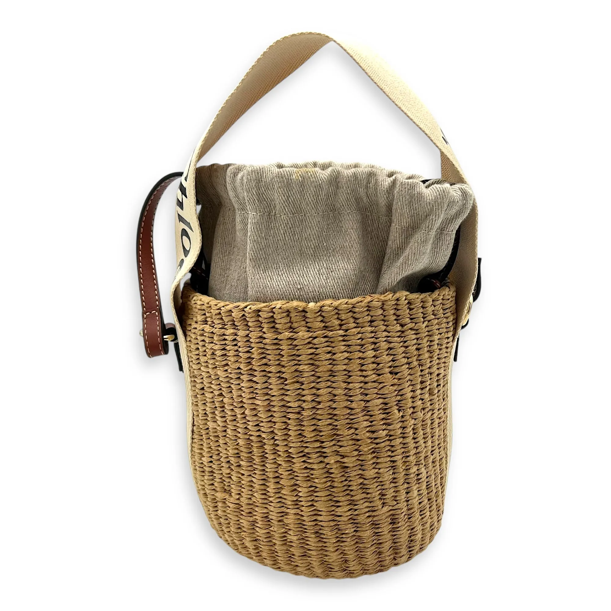 Woody Beige Bucket Bag in Raffia, Gold hardware