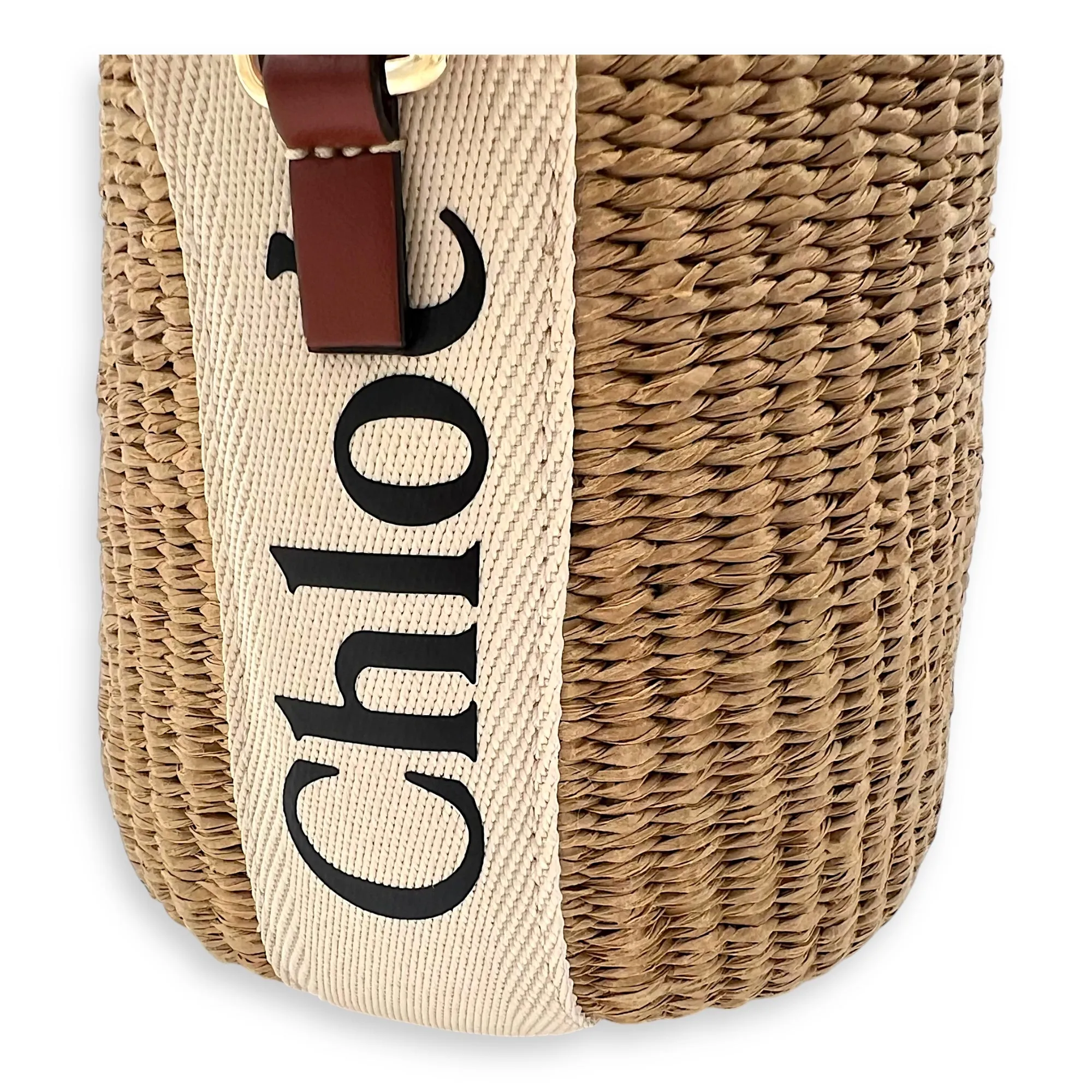 Woody Beige Bucket Bag in Raffia, Gold hardware
